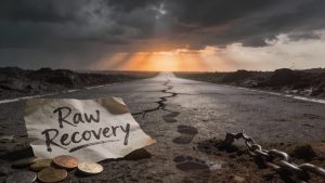 Raw Recovery Journey hero image: gritty cracked road emerging from dark muddy earth toward a hopeful dawn glow, with crumpled "Raw Recovery" note, sobriety coins, broken chain, and shadowy footprints symbolizing addiction recovery struggle and resilience. (see the generated image above)