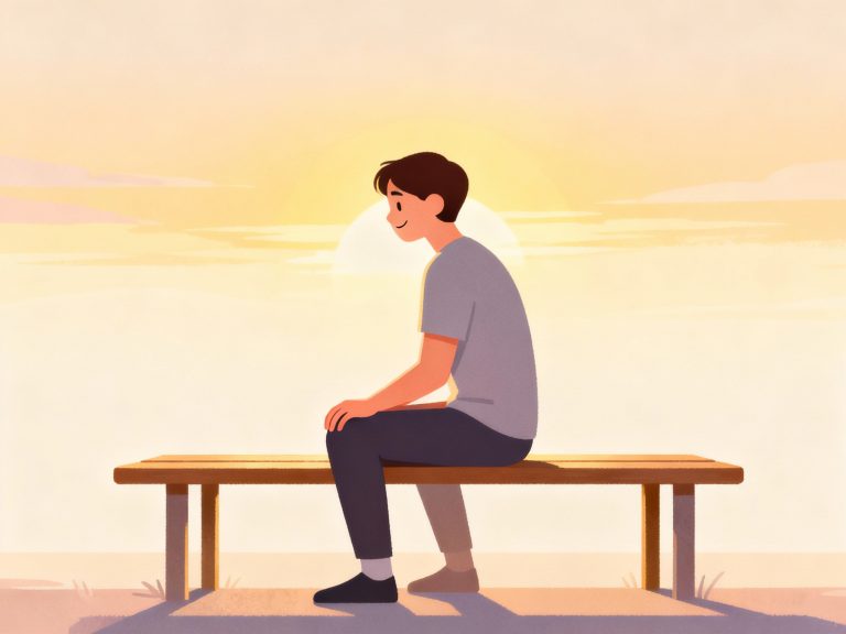 Person in early recovery sitting alone on a bench at sunrise, calm and hopeful, representing overcoming discouragement in early recovery.