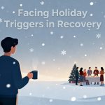 Person in recovery standing slightly apart from a holiday gathering in the snow, holding a warm drink and quietly facing the 5 top holiday triggers.