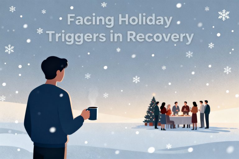 Person in recovery standing slightly apart from a holiday gathering in the snow, holding a warm drink and quietly facing the 5 top holiday triggers.