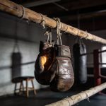 Close-up of weathered boxing gloves dangling from a worn ring rope in a dimly lit gym, gritty symbol of fighting complacency in addiction recovery—raw vigilance against relapse triggers like overconfidence and boredom.