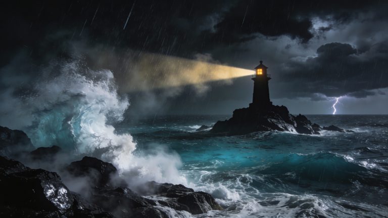 Lighthouse standing in a raging storm as waves crash against the rocks for am I addicted?