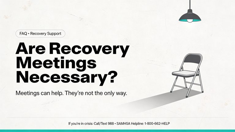 Hero graphic for FAQ ‘Are Recovery Meetings Necessary?’ with an empty chair under a single light.
