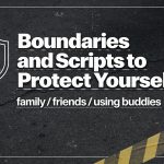 “Boundaries and Scipts to Protect Yourself” blog header graphic with a gritty dark textured background, bold off‑white title text, a minimalist shield icon