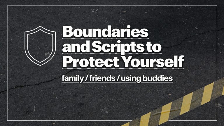 “Boundaries and Scipts to Protect Yourself” blog header graphic with a gritty dark textured background, bold off‑white title text, a minimalist shield icon