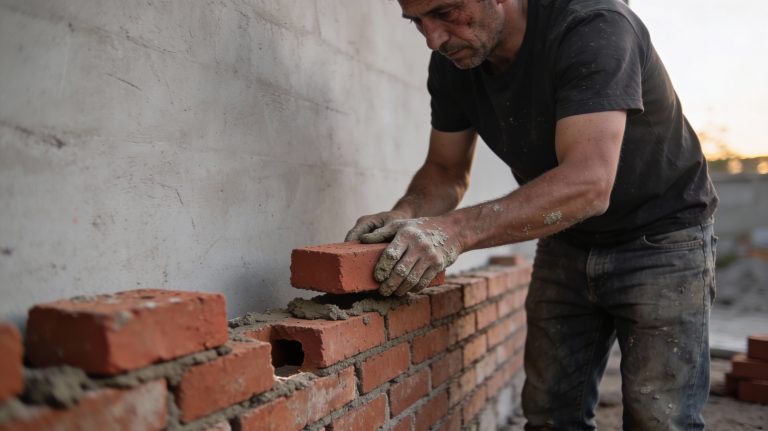 Rebuilding Life After Addiction (One Brick at a Time) — man placing a brick onto a half-built wall.
