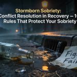 Stormy, rain-soaked street at night with a shattered bottle on wet asphalt and a soaked note that reads “Fight Fair,” symbolizing conflict resolution in recovery