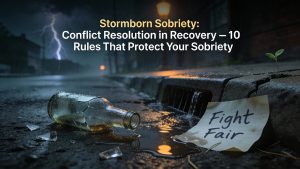 Stormy, rain-soaked street at night with a shattered bottle on wet asphalt and a soaked note that reads “Fight Fair,” symbolizing conflict resolution in recovery