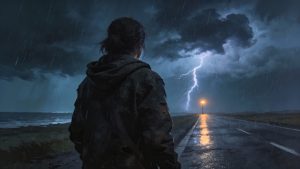Person stands in heavy rain facing a storm, “Cravings Plan” a weapon for the first 20 minutes of fighting cravings.