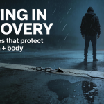 Stormy nighttime street scene with a lone hooded figure standing in the rain behind a cracked boundary line; text reads ‘DATING IN RECOVERY’