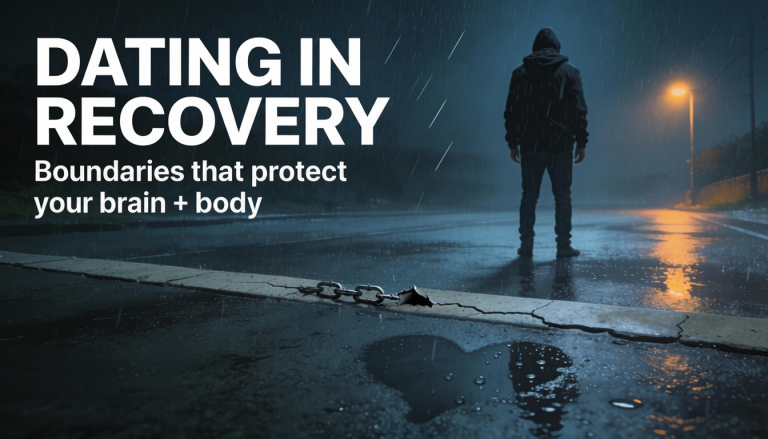 Stormy nighttime street scene with a lone hooded figure standing in the rain behind a cracked boundary line; text reads ‘DATING IN RECOVERY’