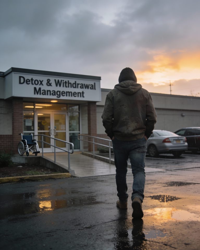“Detox and Safety: person standing outside a detox and withdrawal management center, ready to walk in for help.”