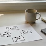 flow chart on desk symbolizing "Detox vs Rehab vs PHP vs IOP".