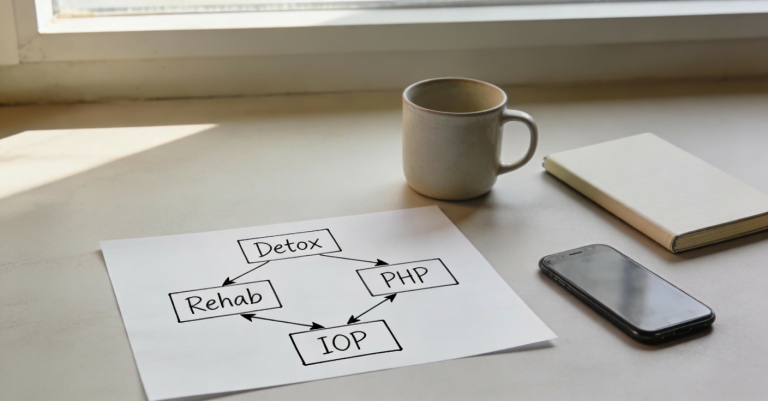 flow chart on desk symbolizing "Detox vs Rehab vs PHP vs IOP".
