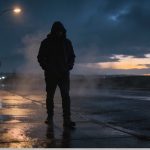 First 72 hours sober—a lone figure on a rain-soaked city street at night, with a faint dawn glow breaking through clouds, symbolizing withdrawal and hope.