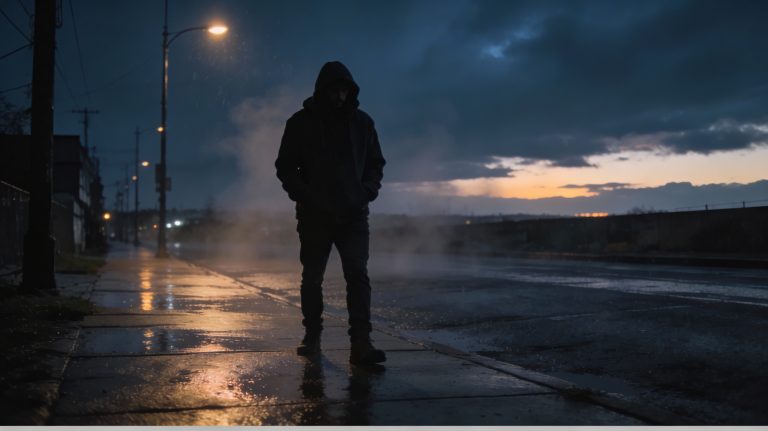 First 72 hours sober—a lone figure on a rain-soaked city street at night, with a faint dawn glow breaking through clouds, symbolizing withdrawal and hope.