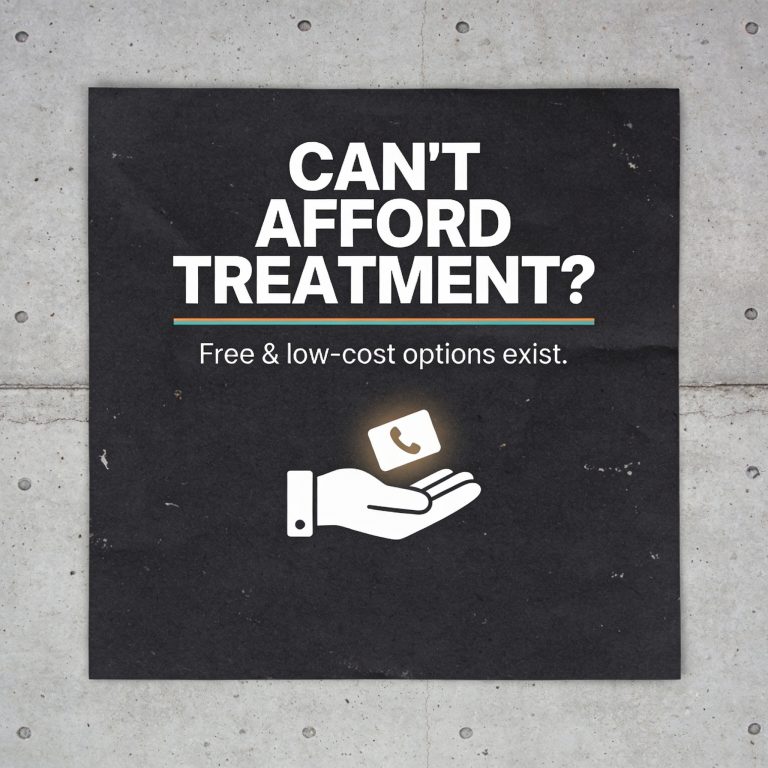 Can't afford treatment? square graphic outstretched hand with phone