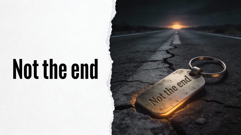 Is relapse the end? Dark cracked road leading toward a faint sunrise, with a worn metal tag engraved ‘Not the end.