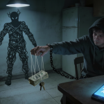 Gritty nighttime kitchen scene symbolizing enabling addiction: a hand offers cash and keys on puppet strings to a tired hoodie-wearing person, while a shadowy knot of cords controls the strings in harsh overhead light.