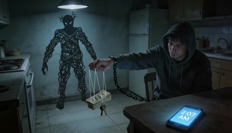 Gritty nighttime kitchen scene symbolizing enabling addiction: a hand offers cash and keys on puppet strings to a tired hoodie-wearing person, while a shadowy knot of cords controls the strings in harsh overhead light.