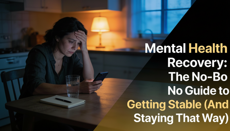 Mental Health Recovery: exhausted woman at a kitchen table looking down at her phone, with a glass of water and a notebook nearby.