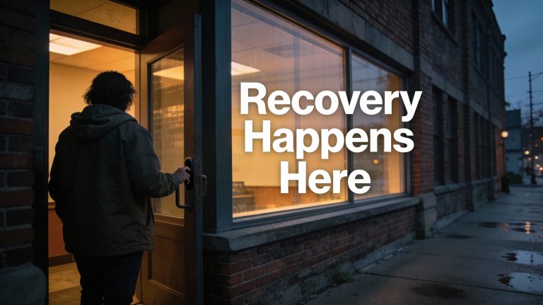 Anonymous person about to enter a brick building for a recovery meeting, with a window sign: ‘Recovery Happens Here’.