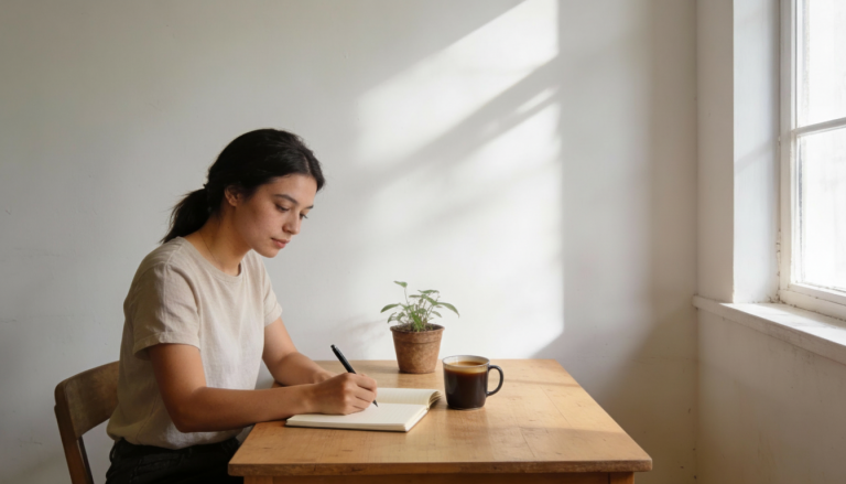 Relapse Prevention Plan featured image of a young woman at a desk writing in a notebook, calm focus and space for headline text.