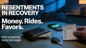 Worn wallet, car keys, and a checklist labeled “Favors” beside a phone notification, symbolizing resentments in recovery.