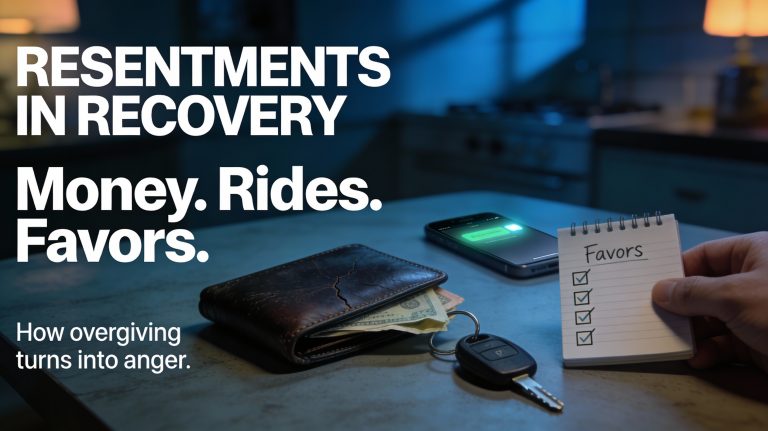Worn wallet, car keys, and a checklist labeled “Favors” beside a phone notification, symbolizing resentments in recovery.