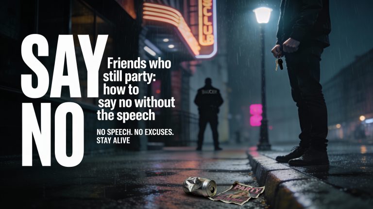 A man standing alone outside a night club learning how to say no.