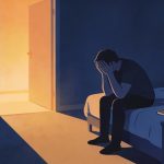 "scared I'll hurt myself or someone else" Solitary person sitting on a bed in a dark room with a softly glowing phone nearby and a warm-lit doorway in the background