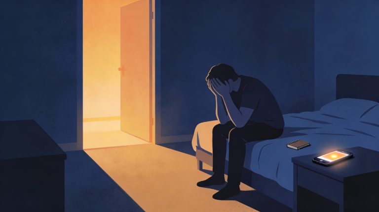 "scared I'll hurt myself or someone else" Solitary person sitting on a bed in a dark room with a softly glowing phone nearby and a warm-lit doorway in the background