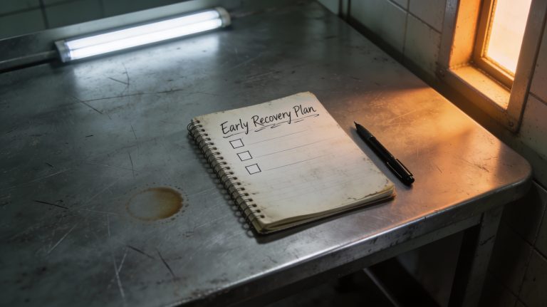 Open notebook on a scratched metal table with ‘Early Recovery Plan’ written at the top for the Early Recovery Guide.
