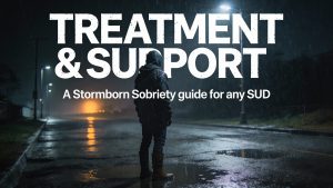 TREATMENT AND SUPPORT — A Stormborn Sobriety guide for any SUD; person in a hoodie standing in heavy rain on a wet street at night.
