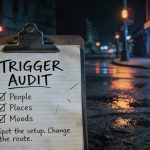 "trigger audit" checklist with a wet city street background