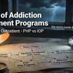 Storm-lit treatment roadmap showing types of addiction treatment programs from detox triage to inpatient, PHP, IOP, outpatient, and aftercare.