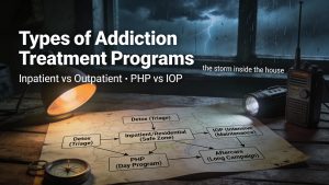 Storm-lit treatment roadmap showing types of addiction treatment programs from detox triage to inpatient, PHP, IOP, outpatient, and aftercare.