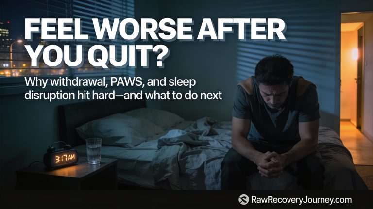 Person sitting on bed at 3:17 AM with insomnia and anxiety after quitting, text reads ‘Feel worse after you quit?’