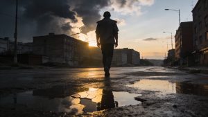 Person walking alone down a rain‑soaked city street at dawn after a storm, symbolizing hope and struggle in the first 24 hours sober.