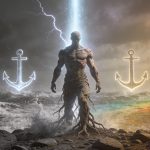 "Recovery in 4D" philosophical stormborn artwork: Weathered figure rising from raging ocean storm onto rocky shore, anchored by four glowing dimensions—mental (brain light), physical (muscular roots), spiritual (ethereal beam), social (hand web)—shifting from grayscale chaos to vibrant full-color life, lit by lightning in gritty, cinematic rebirth.