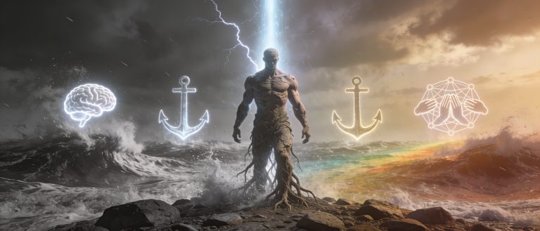 Recovery in 4D: Living Life in Full Color 1 "Recovery in 4D" philosophical stormborn artwork: Weathered figure rising from raging ocean storm onto rocky shore, anchored by four glowing dimensions—mental (brain light), physical (muscular roots), spiritual (ethereal beam), social (hand web)—shifting from grayscale chaos to vibrant full-color life, lit by lightning in gritty, cinematic rebirth.