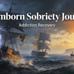 Stormborn Sobriety seascape illustrating levels of care in addiction treatment: ship battered by waves (detox), through turbulence (rehab/IOP), reaching lighthouse (sober living) — from addiction storm to recovery light. (see the generated image above)