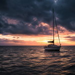 anchored boat in a calming storm at dawn symbolizing early recovery and amends