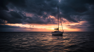 anchored boat in a calming storm at dawn symbolizing early recovery and amends