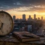 A cracked but still-ticking clock at sunrise beside a worn journal, symbolizing wasted years, redeemed time, and living fully in the present moment in recovery.