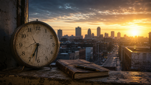 A cracked but still-ticking clock at sunrise beside a worn journal, symbolizing wasted years, redeemed time, and living fully in the present moment in recovery.