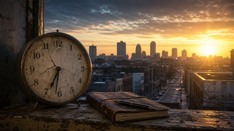 Wasted Years? Or The Moment You Finally Woke Up 1 A cracked but still-ticking clock at sunrise beside a worn journal, symbolizing wasted years, redeemed time, and living fully in the present moment in recovery.